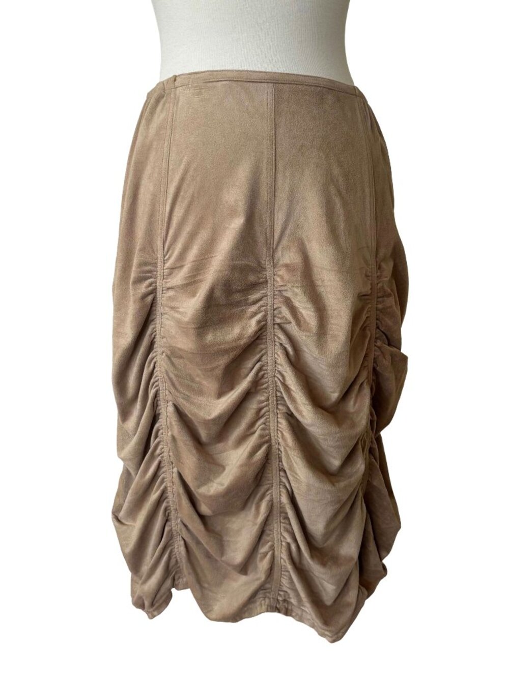 Hanna for La Journee Tan Drawstring Suede Ruched Crinkle Midi Skirt Fairy Grunge